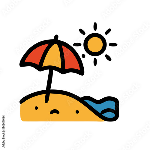 A sunny beach scene featuring an umbrella and waves, perfect for representing vacation, summer holidays, and seaside relaxation.