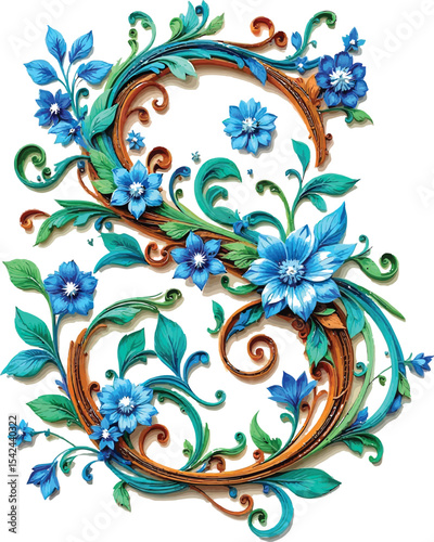 Floral Letter S Monogram – Decorative Botanical Alphabet Vector with Blue Flowers and Greenery