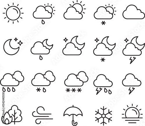 Thin line icon set of weather conditions sunny snowy rainy stormy partly cloudy clear sky. Pixel perfect icons, editable stroke.