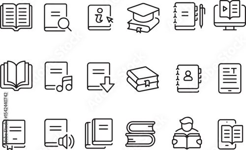 Thin line icon set of book education literature reading knowledge study learning library. Pixel perfect icons, editable stroke.