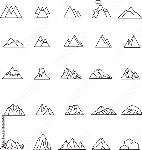 Thin line icon set of mountain summit hill landscape peak altitude adventure nature travel outdoor climbing. Pixel perfect icons, editable stroke.