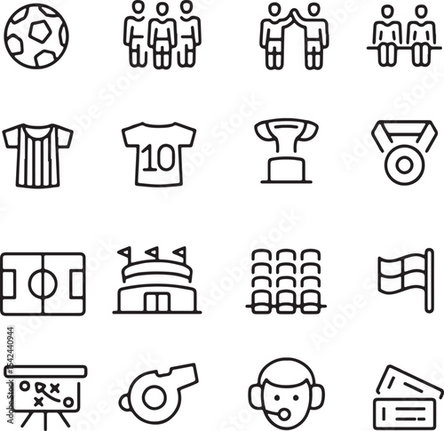 Thin line icon set of soccer football sport sports ball team player jersey match. Pixel perfect icons, editable stroke.