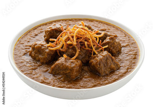 Delicious meat stew served in a white bowl with fried onions on top ready to be consumed now on transparent background