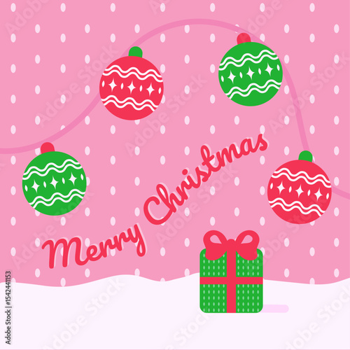 Merry Christmas winter holiday greeting card background with hanging balls, snow, gift box. Happy New Year vector poster illustration in vibrant pink and green colors.
