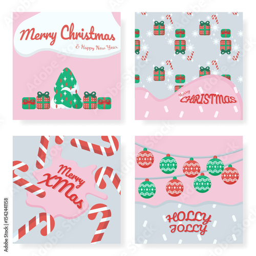 Merry Christmas winter holiday greeting card set background with hanging balls, snow, pine, gift box. Happy New Year vector posters illustration in pink and gray colors.