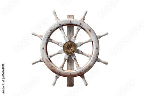 Wooden ship wheel with a rustic design and a transparent background