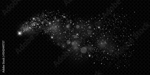 Silver glitter trail with twinkling stars and stardust particles on dark background. Magical shimmer evokes holiday sparkle and fairy charm. New Year or Christmas themes vector illustration.