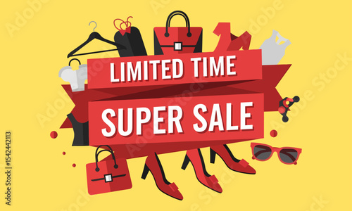 Fashion & Apparel Limited Time Super Sale Banner.  A red 