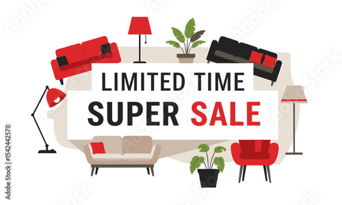 Limited Time Super Sale" Banner for Home Furniture & Decor. A "Limited Time Super Sale" banner surrounded by modern furniture and home decor items.