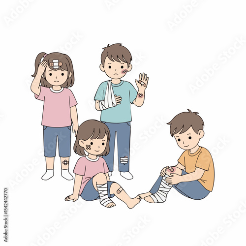 Cute Handdrawn Group of Children with Injuries and Bandages Illustration