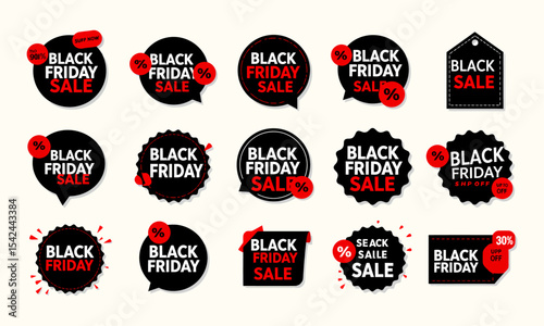  Extensive Black Friday Sale & Discount Badge Collection.  A large collection of black and red Black Friday sale and discount badges with varying designs.