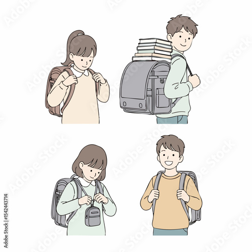 Line Art Handdrawn Students with Backpacks in Different Poses Illustration