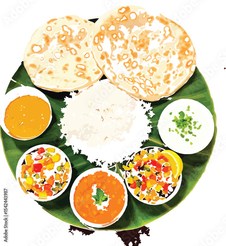Traditional Indian Thali on Banana Leaf – Authentic South Asian Meal Vector Illustration for Culture, Cuisine, and Hospitality Design