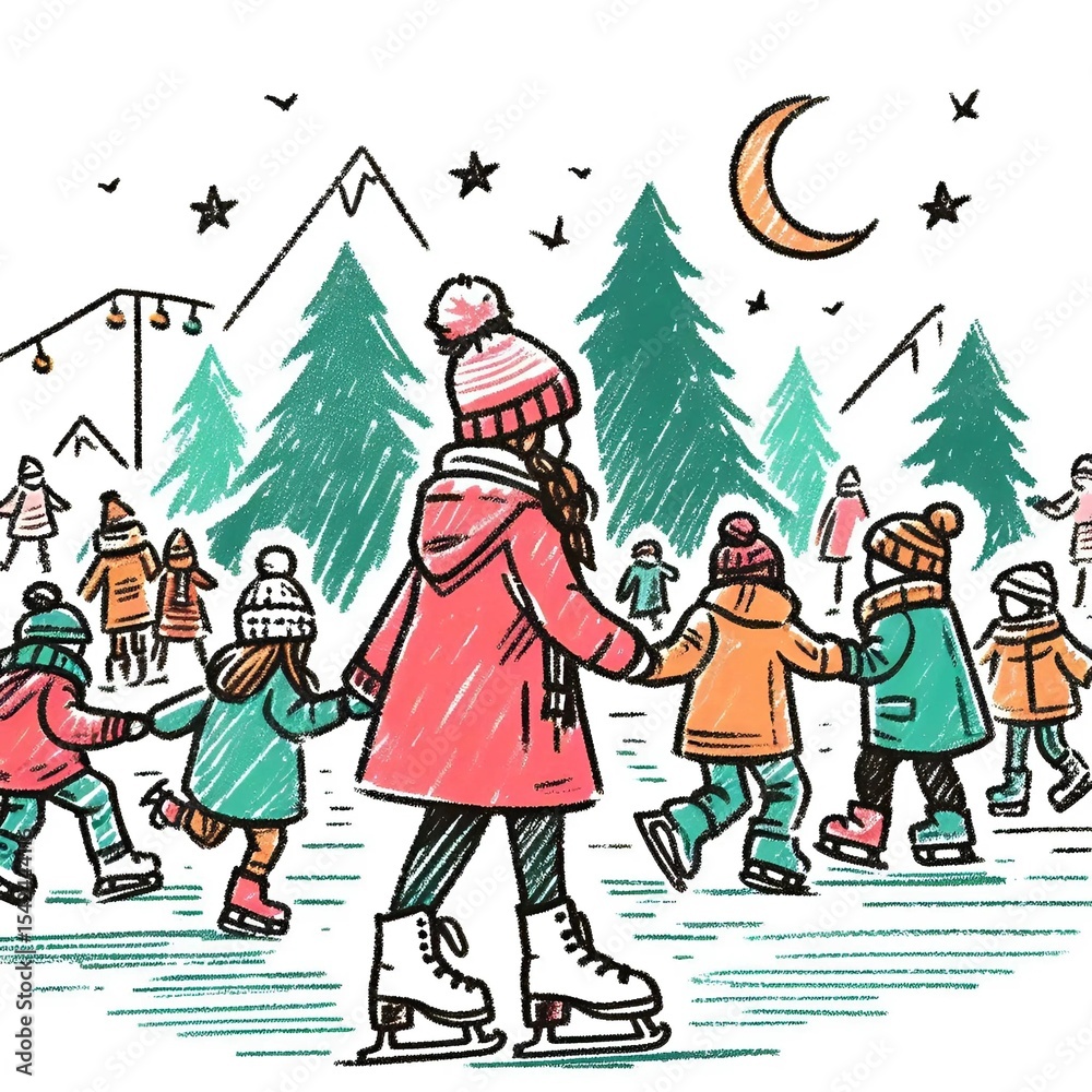 Group of children ice skating together under the moonlight in winter Group of children ice skating together under the moonlight in winter