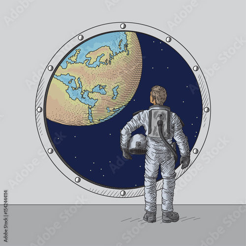 An astronaut stands near a porthole, holds a helmet in his hands and looks at planet Earth