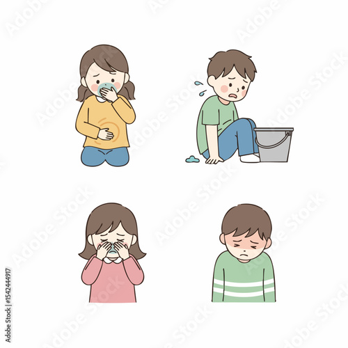 Simple Handdrawn Children Feeling Sick Set Illustration with Various Expressions