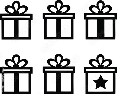 set of gift box icons, black present silhouettes with bows and patterns vector