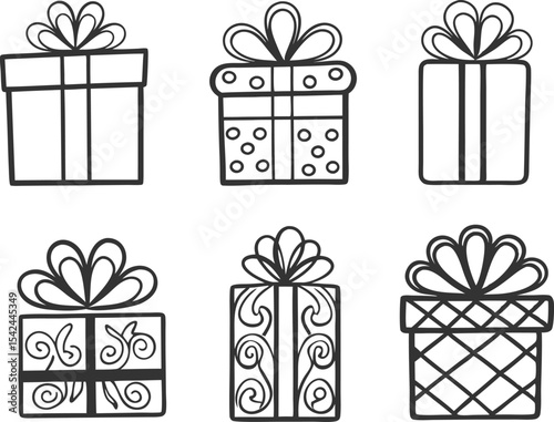 set of gift box icons, black present silhouettes with bows and patterns vector