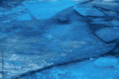 Vector illustration of the Winter nature background with blocks of ice on the frozen water in spring. Abstract background of drifting ice on water. 
