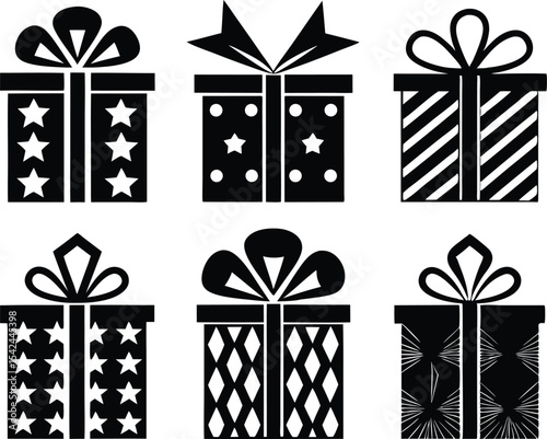 set of gift box icons, black present silhouettes with bows and patterns vector