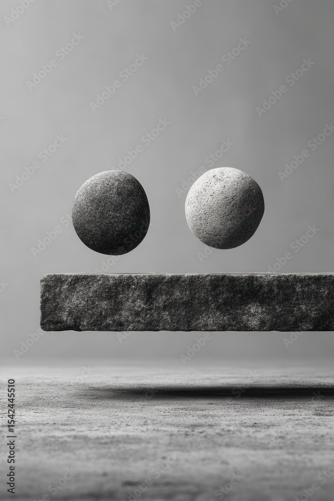 Minimalist composition showcasing two spherical stones in perfect suspension Minimalist composition showcasing two spherical stones in perfect suspension