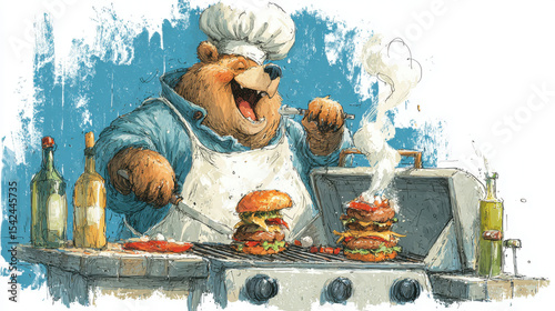 Cheerful bear chef grilling burgers at outdoor barbecue with apron and chef hat in lively cartoon cooking scene