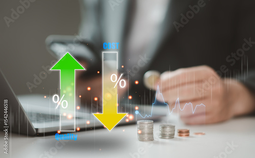 Businessman showing how to Manage cost with down arrow and quality with up arrow or concept business Optimization: Cost Control, Quality, and Project Management Quality control.