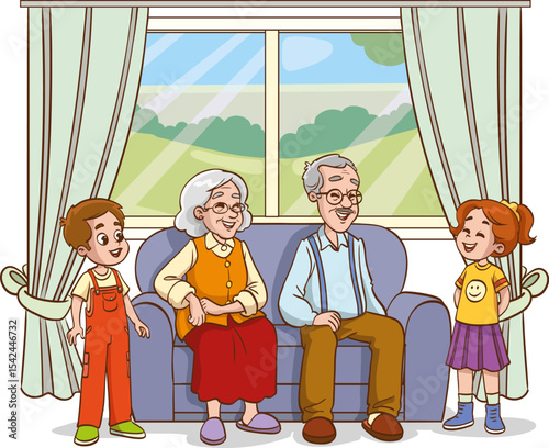 vector illustration of happy grandparents with their grandchildren