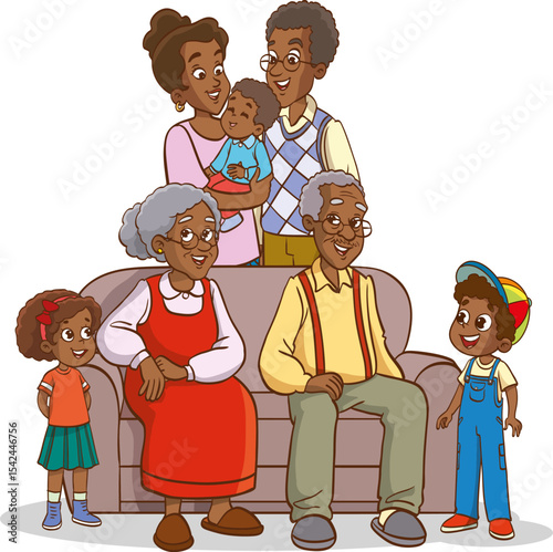 big family together vector illustration.Happy family sitting on couch together for portrait photography
