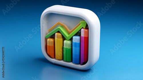 A graphical representation of a bar chart with an upward trending arrow on a blue background