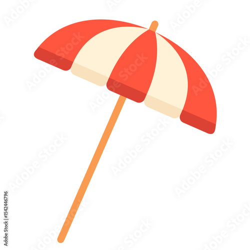 Flat vector cartoon illustration of a red and white striped beach umbrella. For summer, vacation, beach holiday, weekend, card and outdoor design themes. Hand drawn on white background.