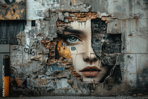 Striking urban street art mural of a woman's face on a weathered wall with graffiti in an urban setting