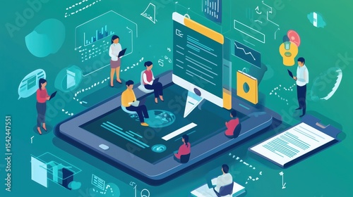 Diverse team collaborating on virtual project with technology and data analytics
