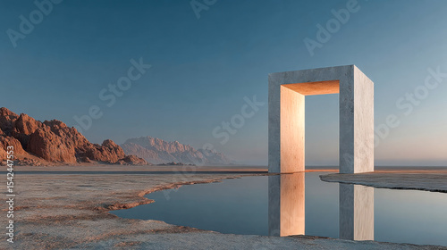 Minimalist stone cube structure in a surreal desert landscape near a calm sea