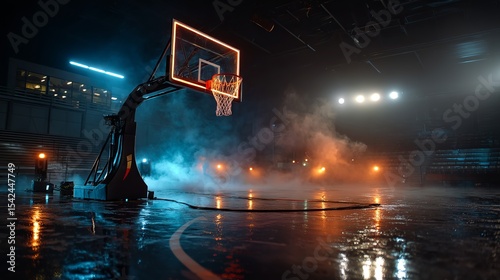 Illuminated basketball hoop on a wet court at night with fog and stadium seating in the background view