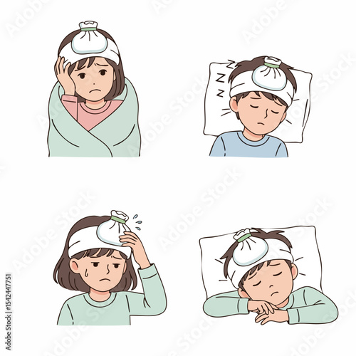 Simple Flat Style Young Patient with Ice Pack on Head Illustration