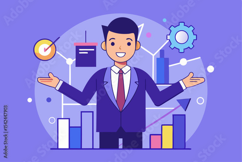 Business achievement concept, person presenting with graph and goal symbols, corporate success, professional finance, office strategy, economic progress.