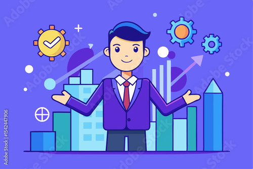 Urban business success, person with cityscape and gear, corporate growth, professional development, office strategy, economic prosperity.