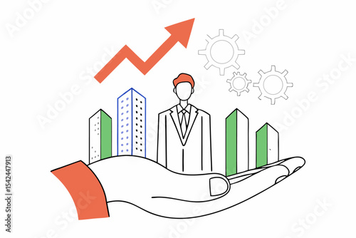 Business support concept, hand holding person with city and rising graph, corporate protection, professional growth, office strategy, economic security.
