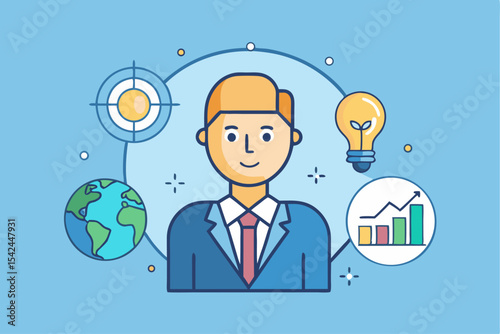 Global business success, person with world and growth symbols, corporate strategy, professional development, office vision, economic progress.
