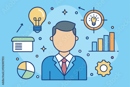 Business innovation concept, person with lightbulb and data symbols, corporate creativity, professional strategy, office insight, economic progress.