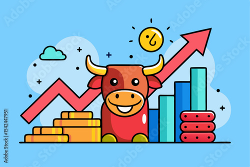 Bull market growth, red ox with rising arrow and gold coins, financial success, investment profit, economic trend, stock market upswing.