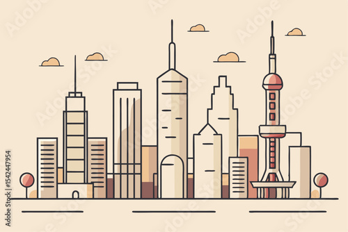 Metropolitan skyline illustration, line art of urban buildings and towers, architectural view, city travel, artistic design, vector graphic.