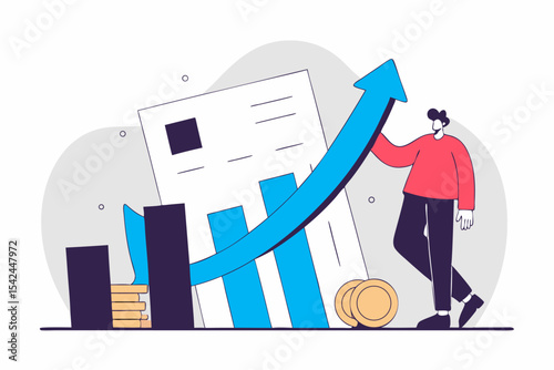 Data growth success, person with rising arrow and gold coins, financial progress, investment gain, economic trend, business performance.