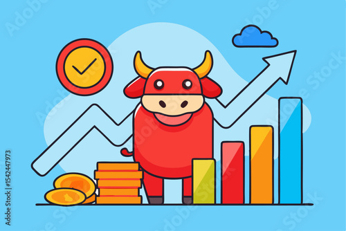 Bull market achievement, red ox with checkmark and rising graph, financial goal, investment success, economic progress, stock market target.