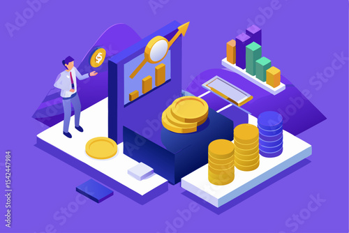 Financial insight analysis, person monitoring graph with coins and trophies, investment strategy, economic performance, business growth, market opportunity.