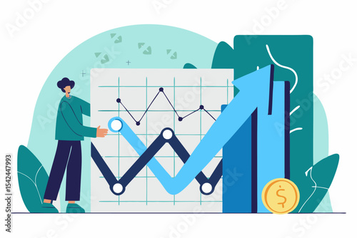 Trend management success, person adjusting graph with rising arrow and coin, financial strategy, investment insight, economic progress, business planning.