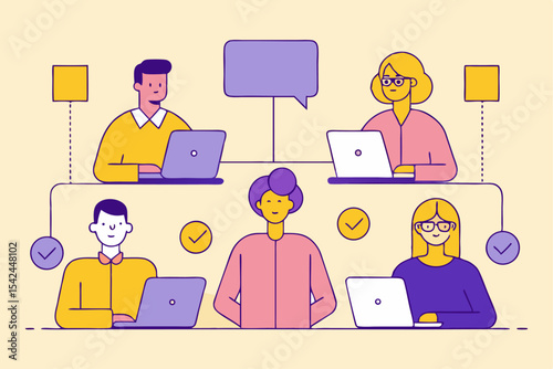 Hierarchical team collaboration, multi-level people working with laptops and checkmarks, business management, project approval, professional organization, workplace efficiency.