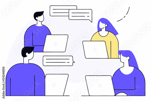 Group office communication, four people working with laptops and chat bubbles, business interaction, project discussion, professional collaboration, workplace teamwork.