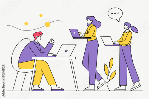 Dynamic office collaboration, three people working with laptops and chat bubble, business interaction, project discussion, professional teamwork, workplace activity.
